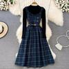 Two-piece Checkered Strap Dress Women's Autumn Winter  Stand Up Neck Knit Top Long-sleeved Vintage Style Woolen Dress Sweet A-line Dress
