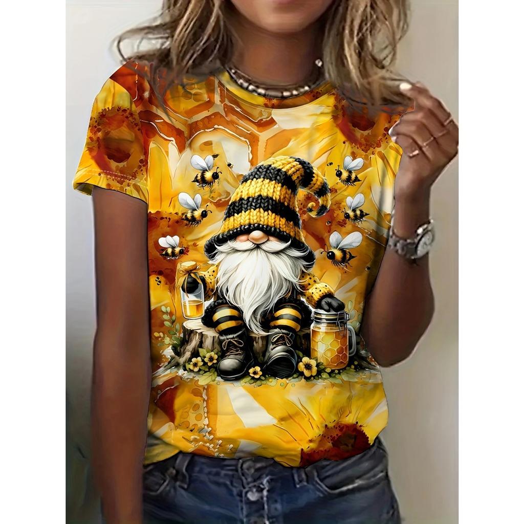 Bee Genie Gnomes Printed Women's T-shirt Comfortable Round Neck Short-sleeved Summer Style Casual Women's Clothing
