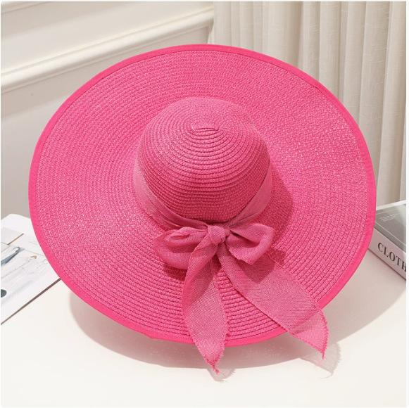 Cappello da Sole Estivo a Tesa Larga per la Spiaggia all'Aperto Moda Bordo Larga Pieghevole Cappello da Sole da Donna Colore Unito Decorazione Fiocco Cappello a Cilindro