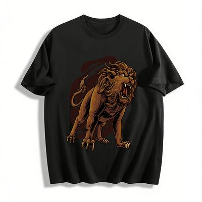 Roaring Lion Print Vintage Style Casual Loose Crew Neck T-Shirt Pure Cotton T-shirt