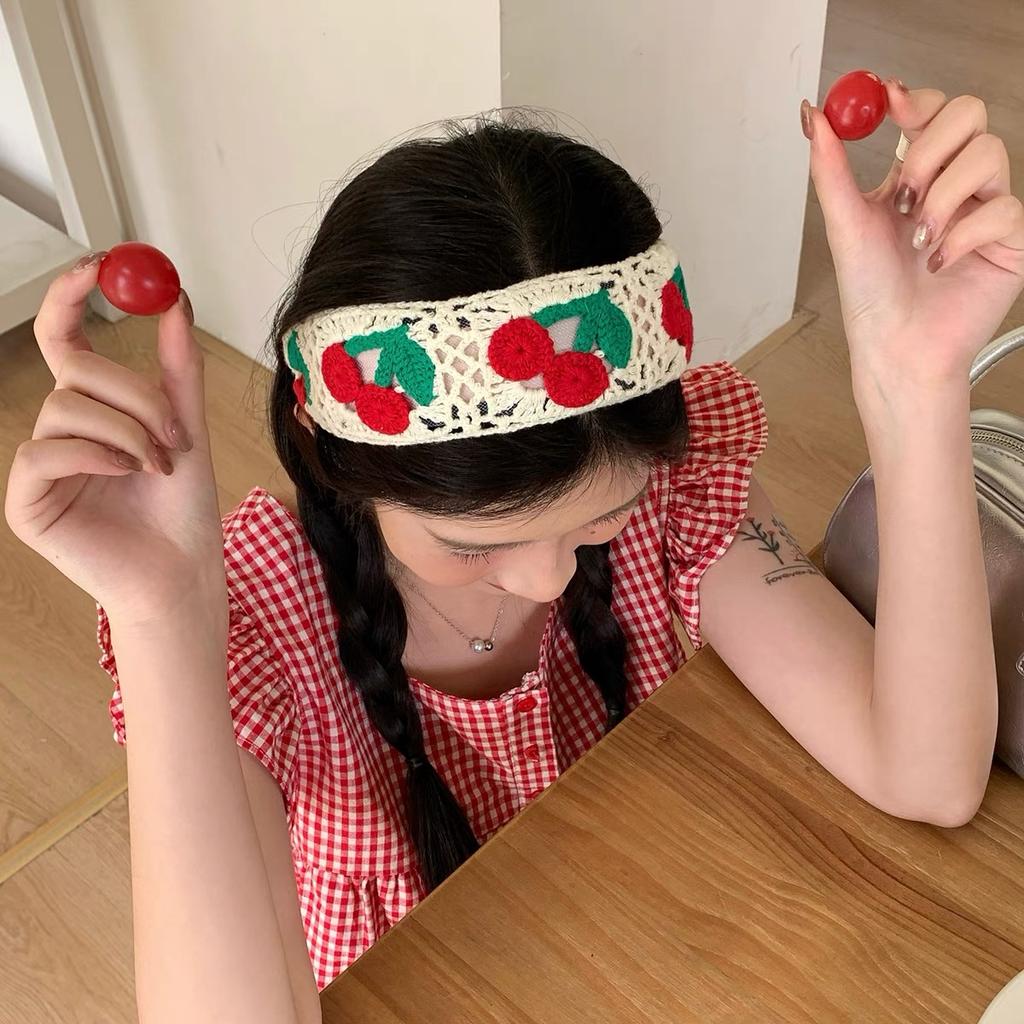 Bandeau Tricoté Fraise Femmes Tricot Large Cerceau de Tête Bandeaux Fille Été Mignon Chapeau Accessoires Cheveux Cerceau de Tête Rétro