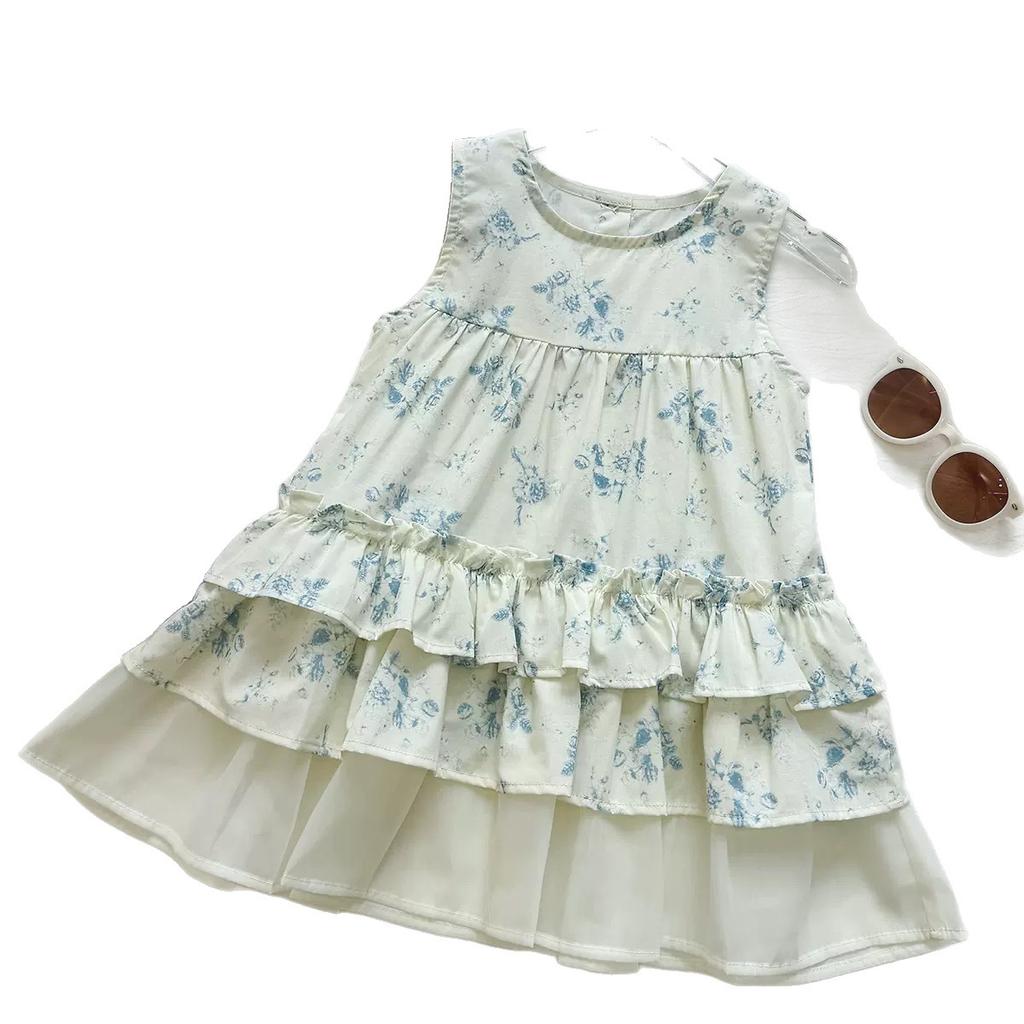 Summer Girls Floral Print Tiered Dress Stylish Sleeveless Cake Skirt Children Fashion Layered Sundress For Kids