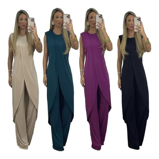 2 Pcs/Set Women Top Pants Set Irregular Hem Wide Leg Solid Color