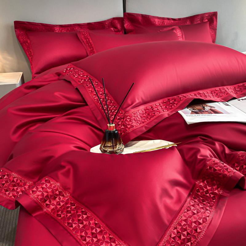 

1200TC Egyptian Cotton Luxury Embroidery Bedding Set Duvet Cover bed sheets set Or Fitted Sheet Pillowcases 4Pcs Home Textiles Flat Bed Sheet&Queen 200X230cm 4pcs червоний