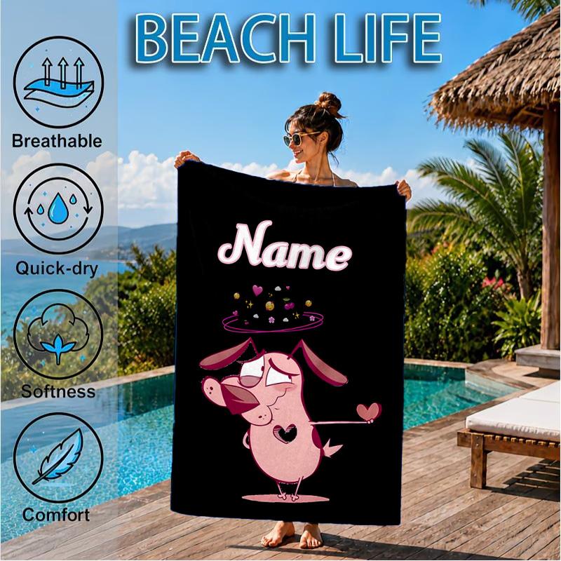 Custom Name Pink Dog Dreamscape Beach Towel Microfiber Beach Towel, Lightweight and Quick-Dry, for Summer Travel, Swimming Pool Gift