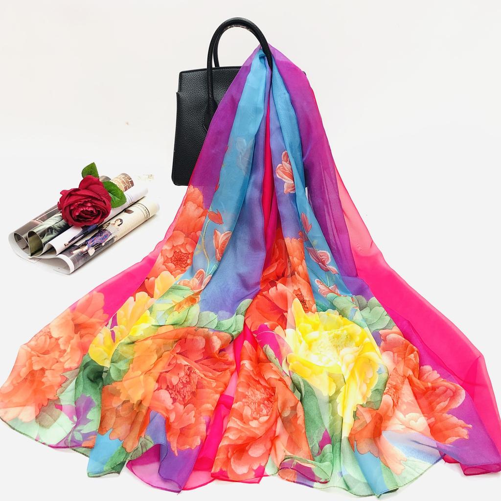 130x200cm Silk Scarf Folral Women Summer Hijab Luxury Print Sunscreen Bandana Foulard Pashmina Scarves Echarpe Shawl Large Wrap