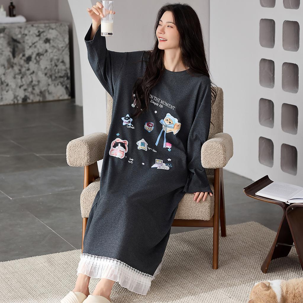 Nachthemd Damen Frühling und Herbst Reine Baumwolle Langärmelig Mittel und Lang Locker, Süß und Hochwertig Lässig Kann Draußen Getragen Werden Loungewear