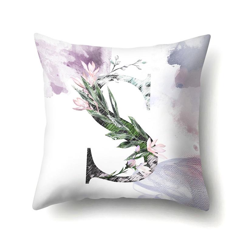 Polyester Pillowcase Home Watercolor Flower Print Pillowcase 26 English Letters Bedside Cushion Cover