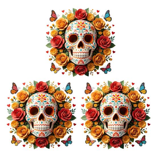 Indoor Outdoor Festive Window Art Day of The Dead Skull Flower Static Sticker, Colorful Mexican Floral Glass Decorative Stickers for Home Halloween