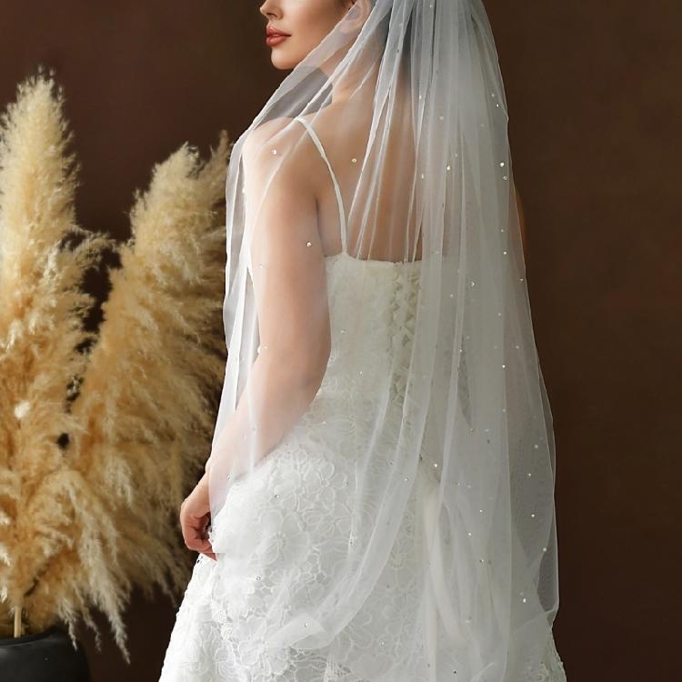 Sheer Bridal Hair Veils With Sparkling Crystal Rhinestones And Secure Hair Comb For Outdoor Wedding Ceremony Dressingup