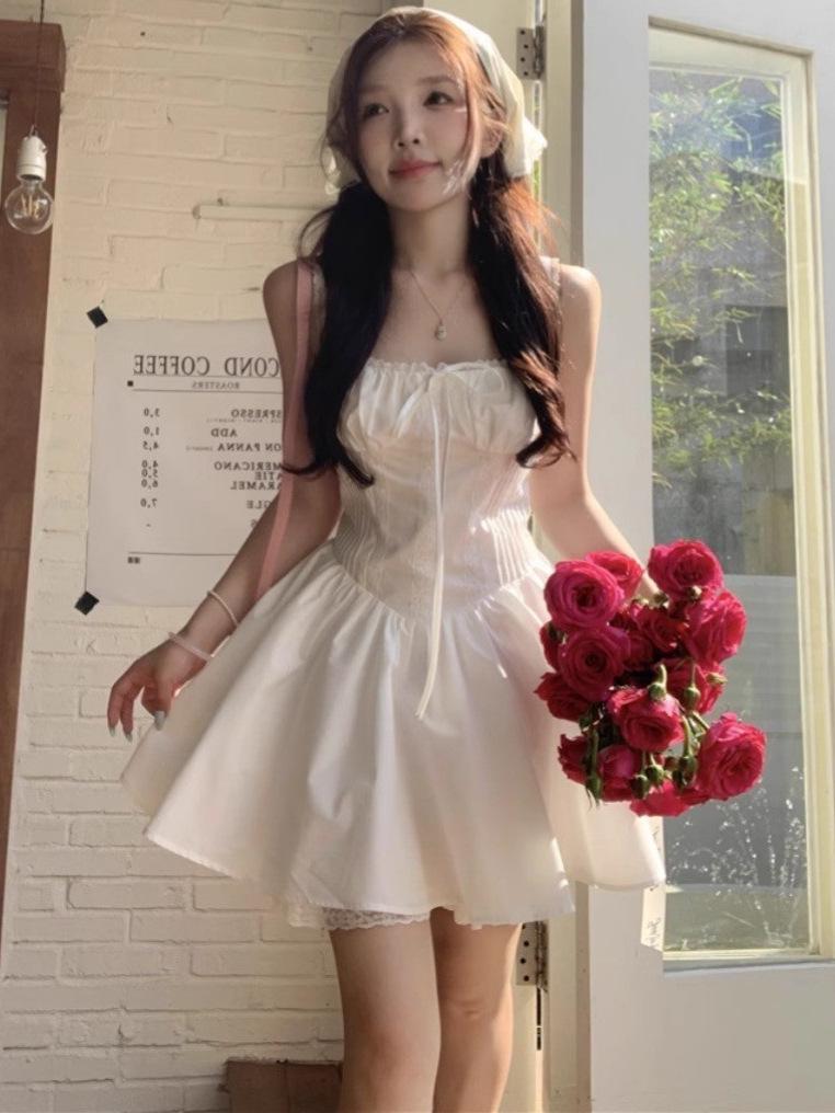 Pure White Moonlight Camisole Dress - Flattering Korean Style for Petite Girls, Sweet Waist-Cinched Short Skirt