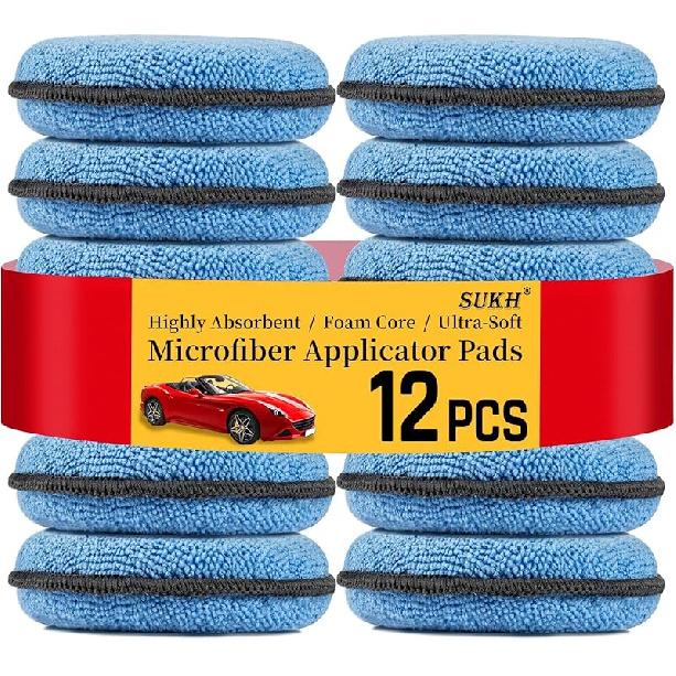 Sukh 12 Pack Microfiber Foam Car Wax Applicator Pad - Foam Applicator Pads Detailing Round 4.72 Inch Polishing Sponges For Car Wax Applicator Pad