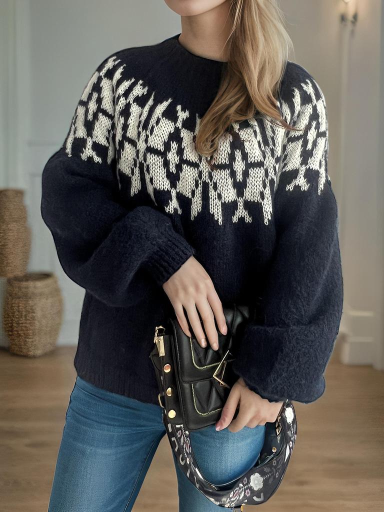 New retro jacquard sweater for women's wish hot selling round neck color blocked loose pullover knitted sweater for women 3532 EMA