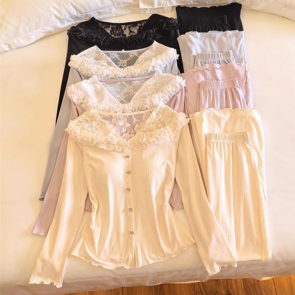 Women's French-Inspired Long-Sleeve Modal Cotton Homewear with Chest Pads