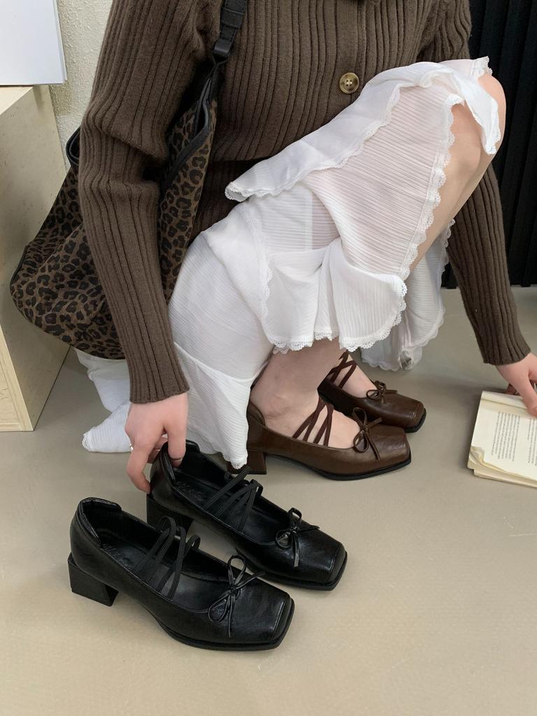French thick heel cross with square head bow Mary Jane small leather shoes 2025 new commuter evening wind single shoes