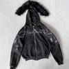 ZYLLO American Retro Rock Gothic Graphic Fur Collar Loose Zipper Sweatshirt Y2K New Harajuku Punk Casual Joker Hoodie Streetwear