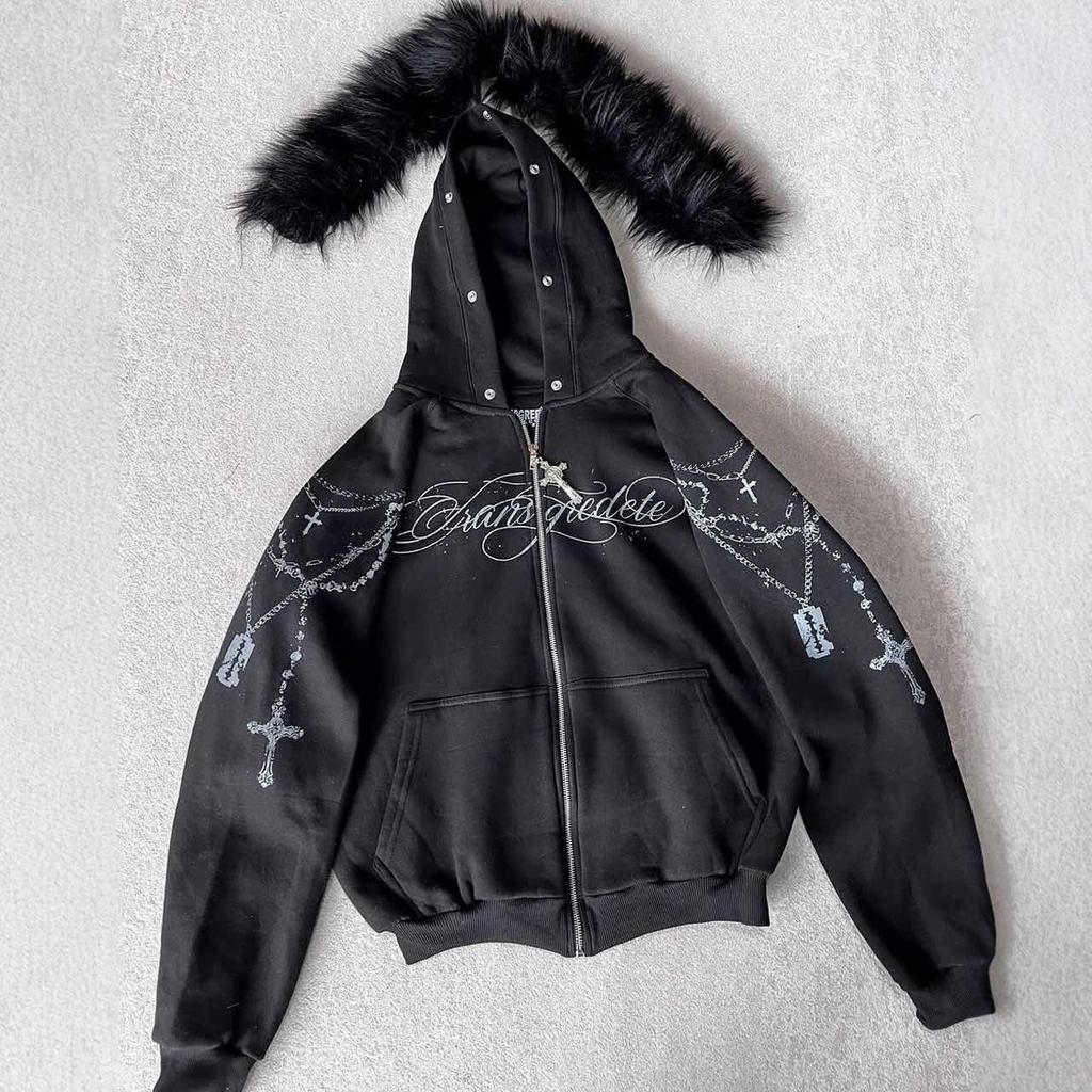 ZYLLO American Retro Rock Gothic Graphic Fur Collar Loose Zipper Sweatshirt Y2K New Harajuku Punk Casual Joker Hoodie Streetwear