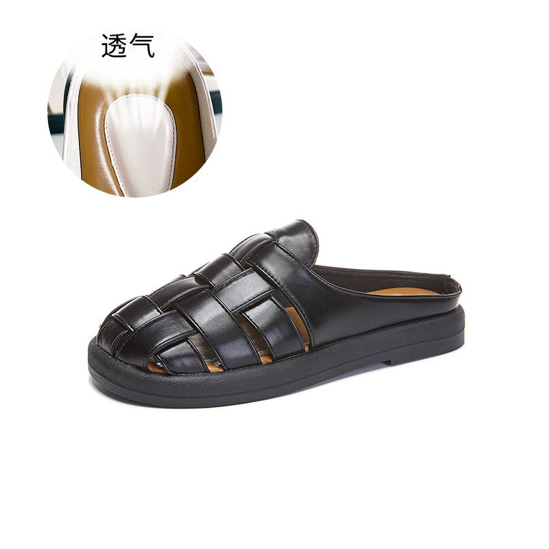 

Баотоу плетеные тапочки женские 2025 лето новые ретро модные сандалии женские полые дышащие на плоской подошве женская обувь 40 чёрный