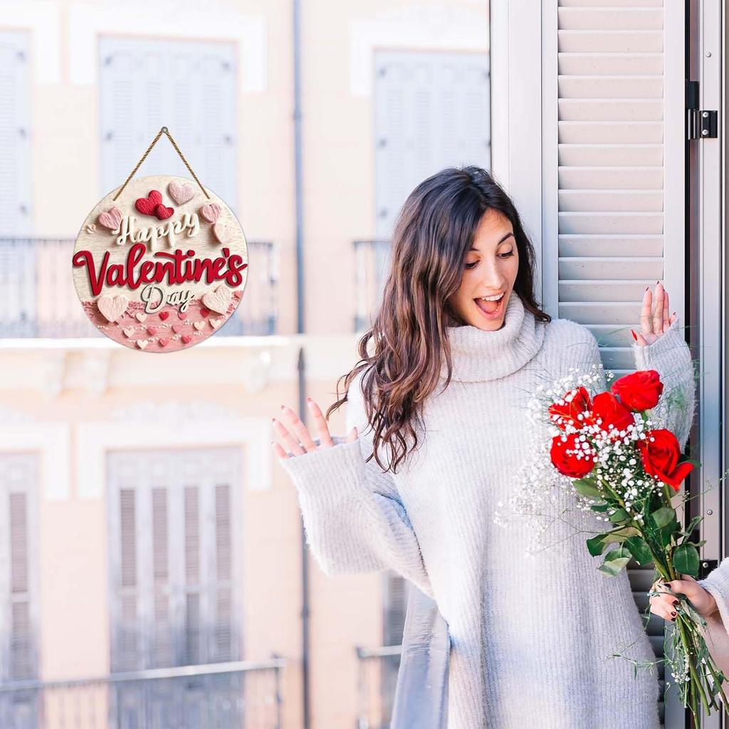 Happy Valentine's Day Welcome Door Sign Valentine's Day Hanging Sign Valentine Wreaths for Front Door Red Pink Love Hearts Door Hanger Indoor Outside