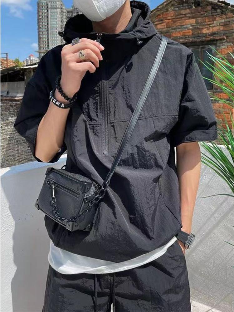 Men Summer Tracksuit Shorts Set Hooded T Shirt Zipped + Matching Shorts Solid Cargo Large Size Casual Suit