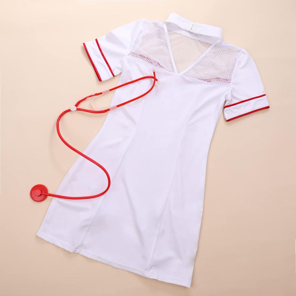 Sexy Nurse Uniform Cosplay Uniform Jerry Nurse Emotional Training Naughty Moe Costume 5 Piece Set Costume Necklace Stethoscope Stockings Gloves