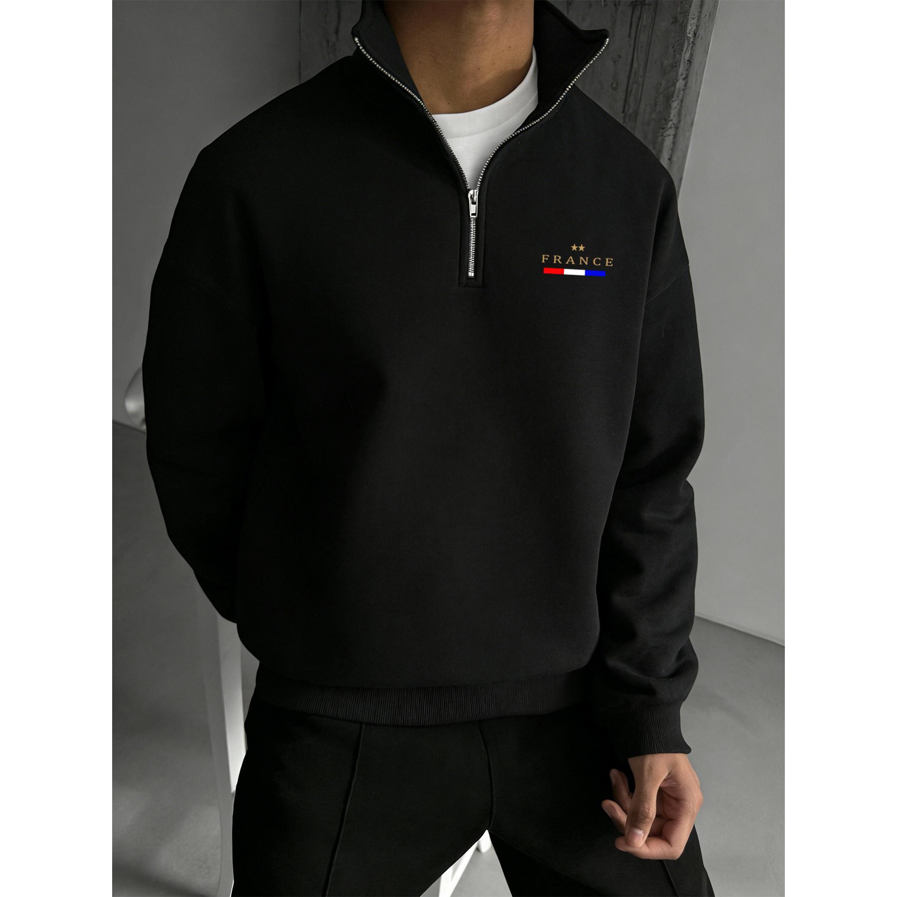 

FRANCE Red, White, and Blue Striped Men s Half-Zip Hoodie, Simple and Stylish Printed Stand-Up Collar Hoodie,Casual Long-Sleeve Stand-Up Collar Hoodie L чёрный