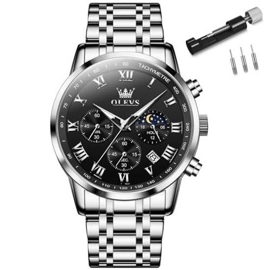 Mens Watch Silver Waterproof Analog Quartz Wristwatch Stainless Steel Large Date Black Dial Moon Swatch Olevs Men