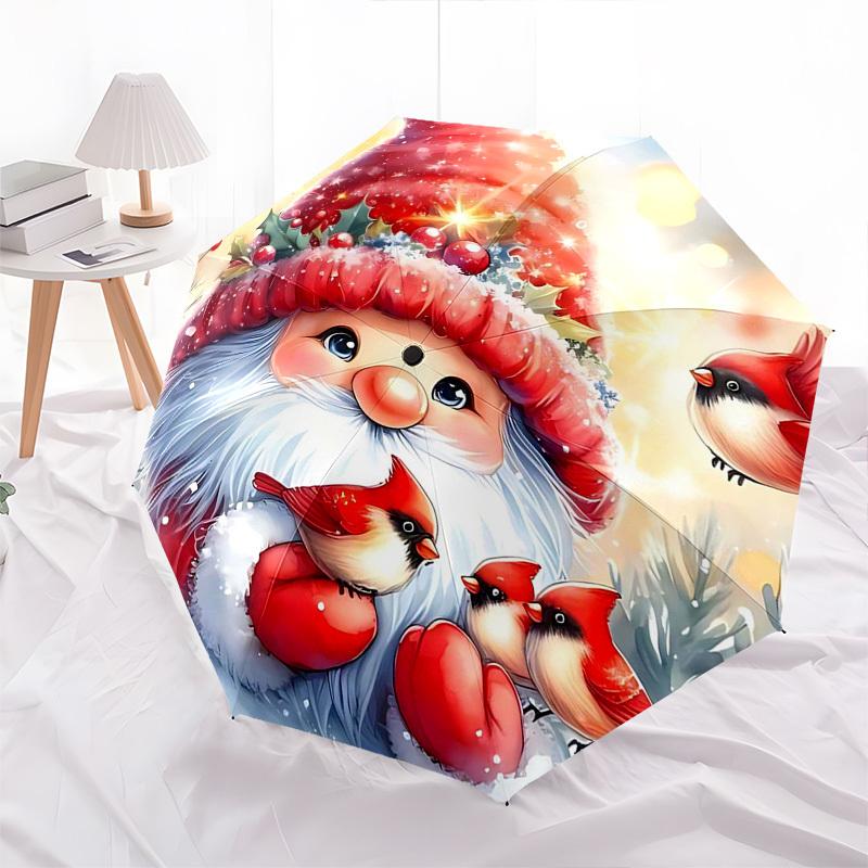 1pc Christmas Gnome with Cardinals, Automatic Opening Folding Umbrella, 3-Fold Design, 8-Bone Iron Frame, Outdoor Umbrella, Festive Gift for Fans, Tra