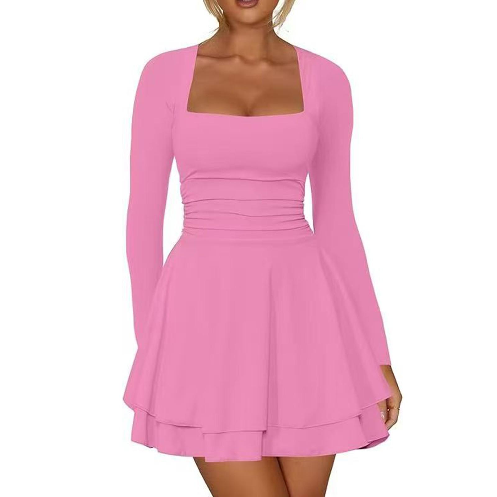 

Женское платье с квадратным вырезом, плиссированным подолом, однотонное платье с застежкой на талии и длинными рукавами XL розовый