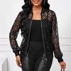Women's Sheer Lace Long Sleeve Zip Up Slim Fit Baseball Collar Bomber Jacket Casual Outerwear Coat