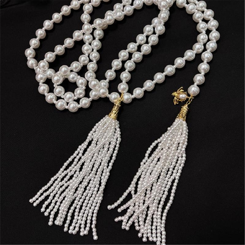 Imitation Pearls Bead Necklace Tassels Choker Elegant Fringes Neckchain Fashion Accessory for Sweaters and Waist