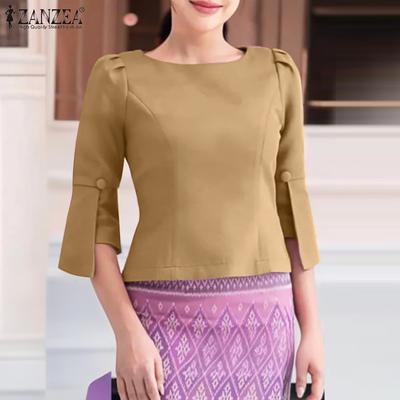 Women Casual Round Neck Split 3/4 Sleeve Summer Loose Blouse