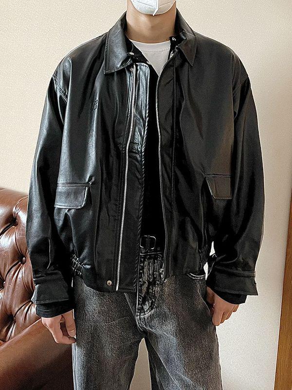 Pánská retro motorkářská bunda s klopami z PU kůže - Ležérní jarní/podzimní styl