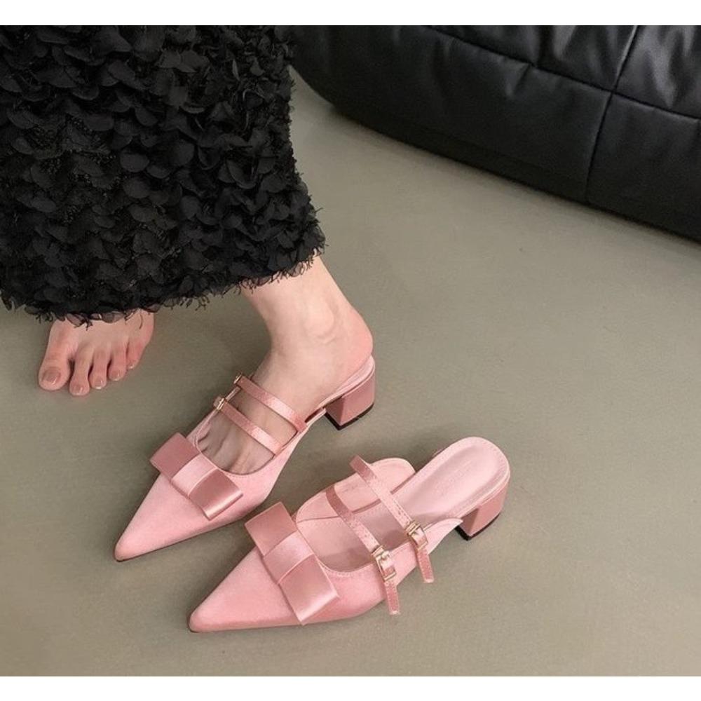 

Модные новые шелковые туфли-лодочки с бантом и острым носком, женские милые элегантные туфли-слингбэки на среднем каблуке, женские шлепанцы, дизайнерские сандалии 39 розовый