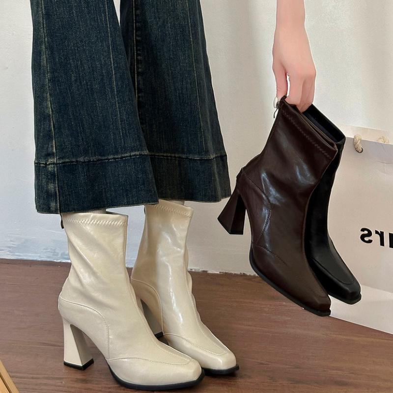 Autumn Winter Square Toe Women High Heel Ankle Boots Street Style Elastic Slim Mordern Short Botas De Mujer