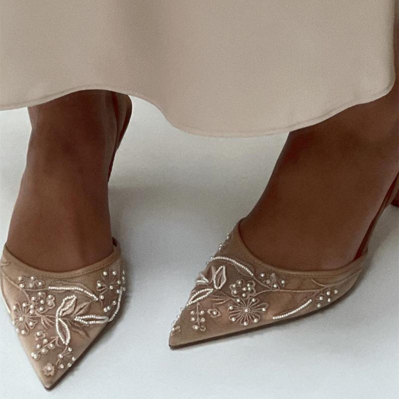 Fashion Luxury Mesh Embroidery High Heels Women Sexy Pointed Toe String Bead Slingback Heeled Sandals Summer Elegant Banquet Dress Shoes
