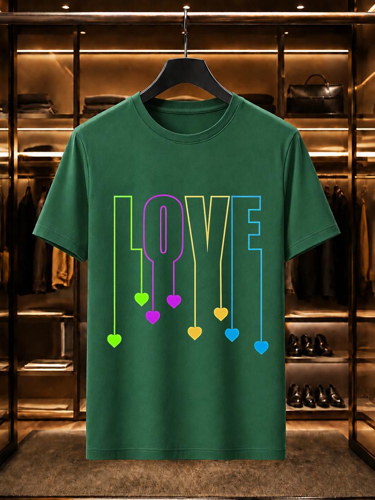 2026 New Arrival 100 Cotton Tshirt Rainbow Color Love Heart Pendant Line Print Light Blue Crew Neck Casual Short Sleeve