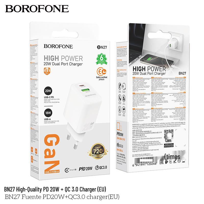 

BOROFONE BN27 Dual Port Fast Charger, PD20W + QC3.0, EU Standard for Mobile Phones EU Standard CE Certified