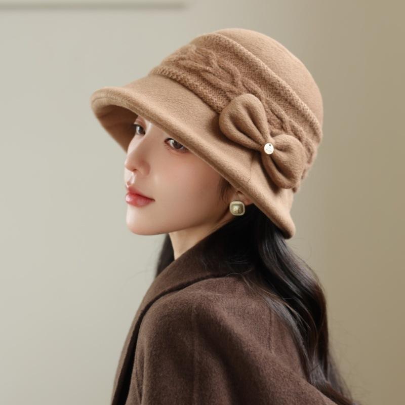 Autumn and winter thickened warm knitted basin hat women's bow bucket hat versatile face little mother hat women's
