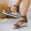 Women's Comfortable High Heel Summer Sandals - Leopard Print, Open Toe, Side Cut-Out Design with Ankle Strap & Zipper Closure, Brown & White Strappy