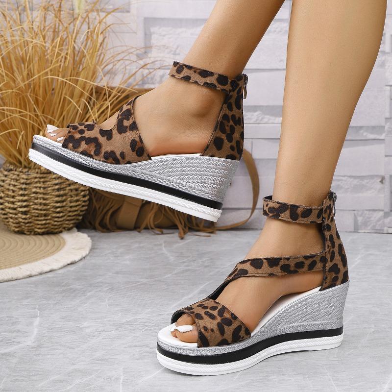 Women's Comfortable High Heel Summer Sandals - Leopard Print, Open Toe, Side Cut-Out Design with Ankle Strap & Zipper Closure, Brown & White Strappy