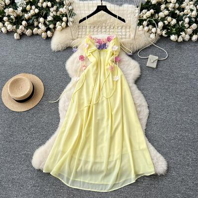 Rochie din șifon cu bretele franceză Rochie cu design floral 3D fără spate Trend Beach Femei Fairycore Vacation Rochie de soare lungă