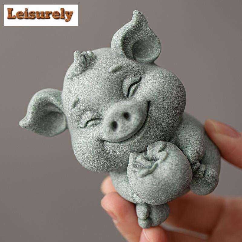 Green Sand Stone Pig Persimmon Big Fortune Tea Pet Japanese Tea Spirit Tea Figurine Play Toys Tea Statue Ornaments Decoration