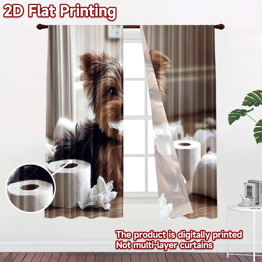 2D Flachdruck 2 Stück Vorhänge Niedlicher Yorkshire Terrier Toilettenpapier-Chaos Digital Bedruckte Polyester-Vorhänge Party-Dekorationen für