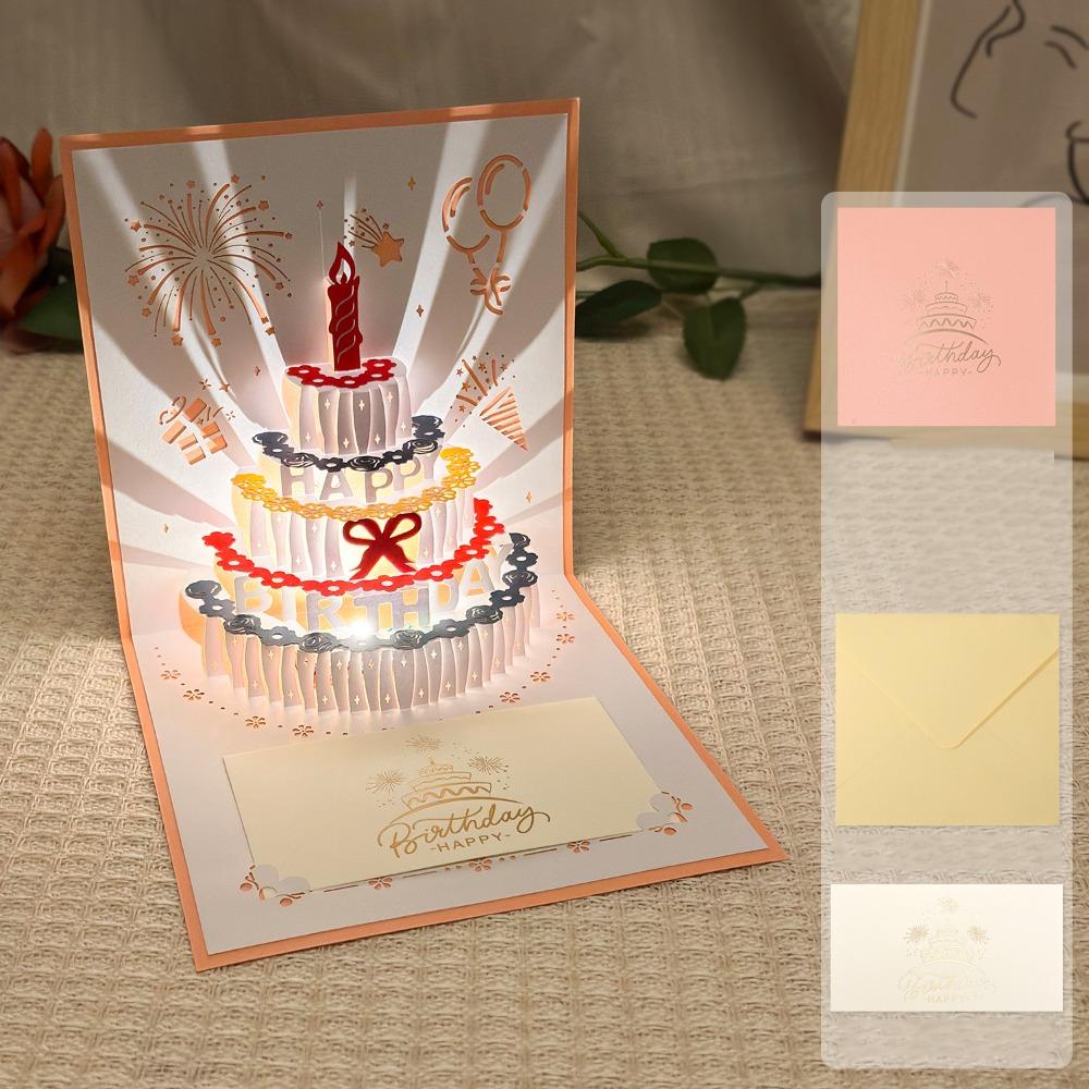 Alles Gute zum Geburtstag 3D Musik Leuchtende Karten mit Umschlag Musik Licht Leuchtender Kuchen Grußkarte Faltbare Pop-Up Geburtstagskarten