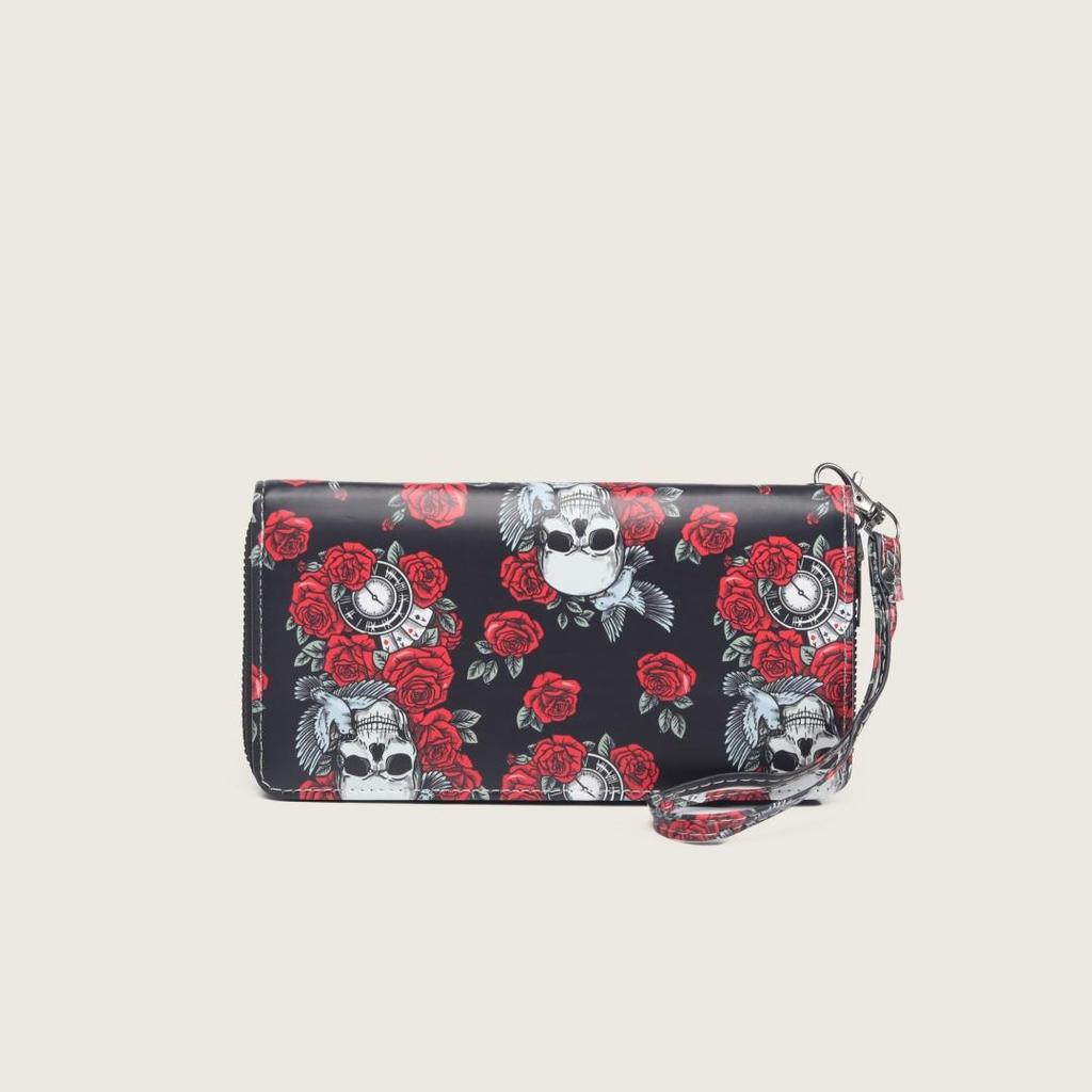 Halloween-Geschenkidee lange Geldbörse mit Totenkopf- und Rosenprint, mit Armband, Punk-Stil, in verschiedenen Farben, darunter Schwarz und Rot.