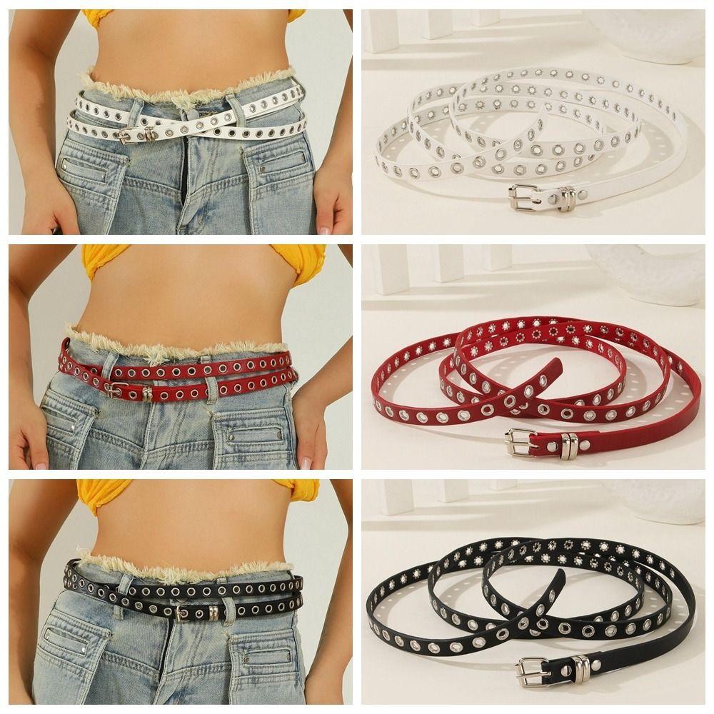 Extra Long Thin Double Layer Circle Chain Adjustable Rivet Eyelet Knotted Belt  Music Festival