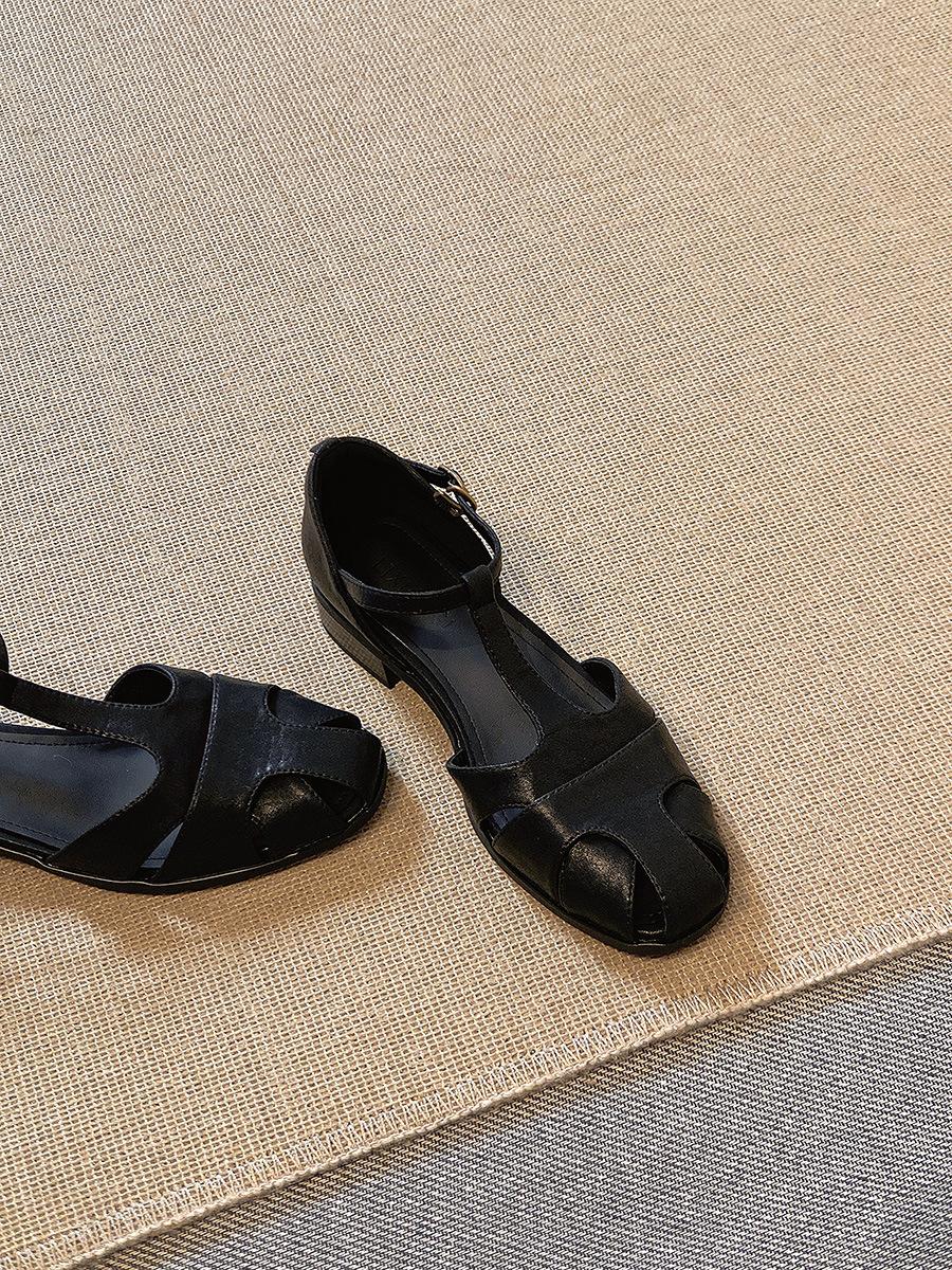 

Sheepskin version~ Baotou shoes women s summer retro woven hollowed-out one-word buckle sandals women s black gas low-heeled Roman shoes 35 чёрный