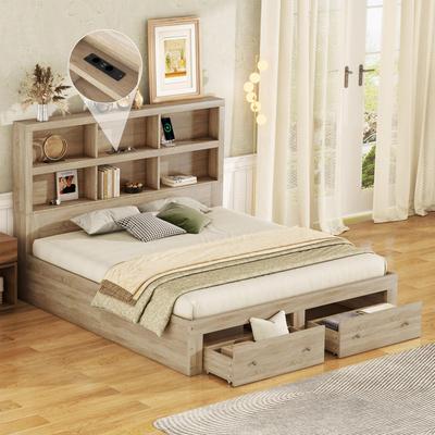 Doppelbett Holzbett 160x200cm, Stauraumbett mit 2 Schubladen und Ablagefach, Funktionsbett mit Lattenrost, Ohne Matratze