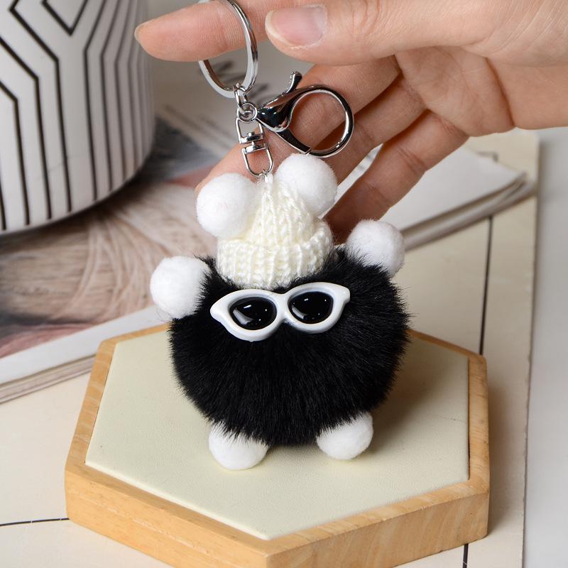 Faux Fur Plush Ball Keychain Ornament - Cartoon Doll Design